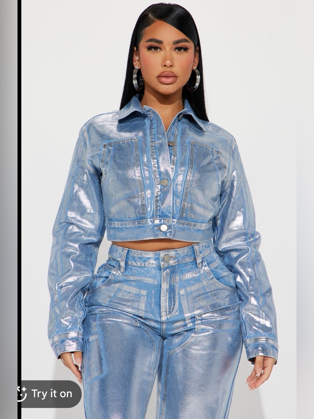 Ashley Stewart Plus-Size Metallic Coated Denim Jacket and Pants Set